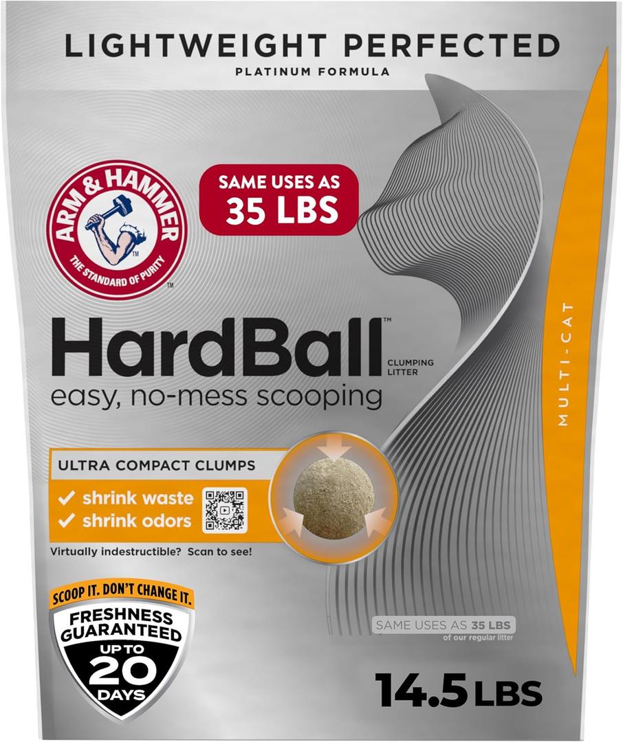 ARM & Hammer Hardball Lightweight 5-in-1 Clumping Cat Litter, 24/7 Odor Control, Long-Lasting Non-Clay & 99.9% Dust-Free Multi-Cat Formula, Garden Bloom Scent, 14.5 Lbs