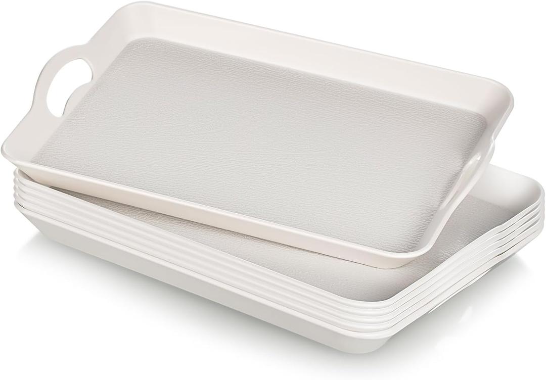 6 Pcs Serving Trays with Handles Trays for Eating 16 x 11 Inch Multi Purpose Plastic Tray Rectangular Anti Skid Decorative Food Tray for Restaurant Breakfast Countertop Party Kitchen (White)