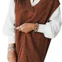 EVALESS Oversized Sweater Vest for Women V Neck Sleeveless Solid Color Loose Pullover Sweater (Brown, S)