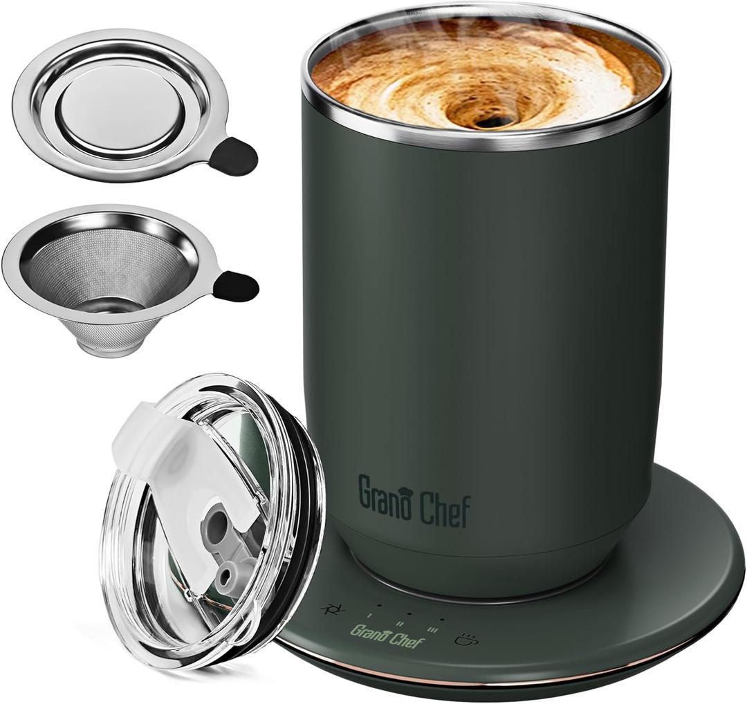 Self-Heating Coffee Mug, Coffee Mug with Self Stirring&Fast Heating, 10oz Temperature Controlled Coffee Cup Warmer, Heated for Tea/Coffee at Office/Kitchen/Travel, with Reusable Coffee Dripper, Green