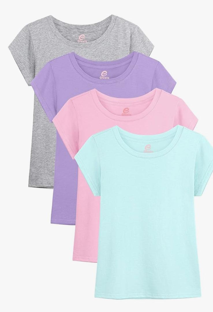 4 Pack Girls Shirts Cotton T Shirts Kids Crew Neck Tops Summer Short Sleeve Tees for Girls 10-12 Years