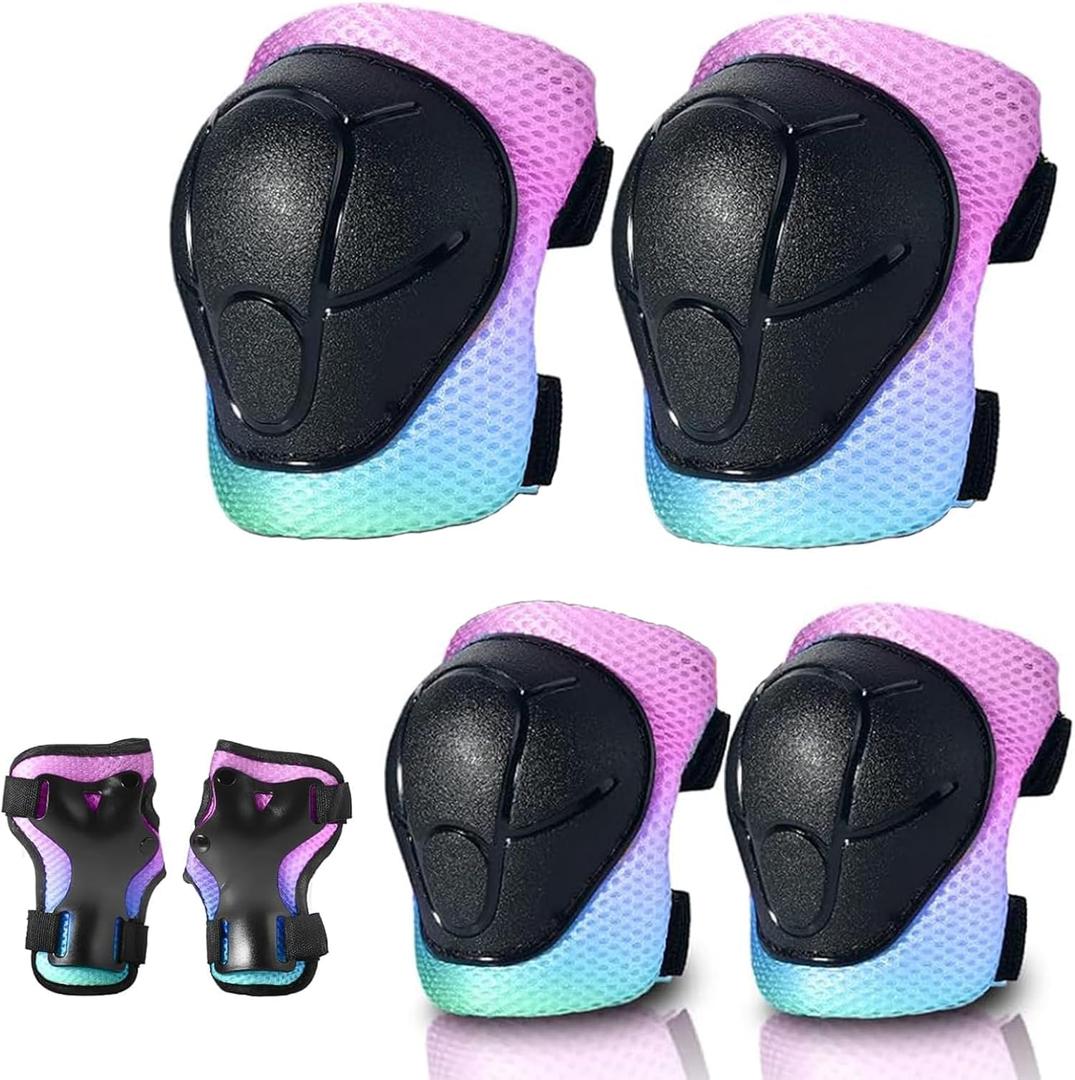 Gradient Color Kids Protective Gear Set Knee Pads for Kid 2-14 Years,W/ Adjustable Strap Kids/Youth Knee Pads Elbow Pads Wrist Guards Set for Inline Roller Skates,Cycling,BMX Bike,Skateboard,Scooter (Medium(6+Years), Candy)