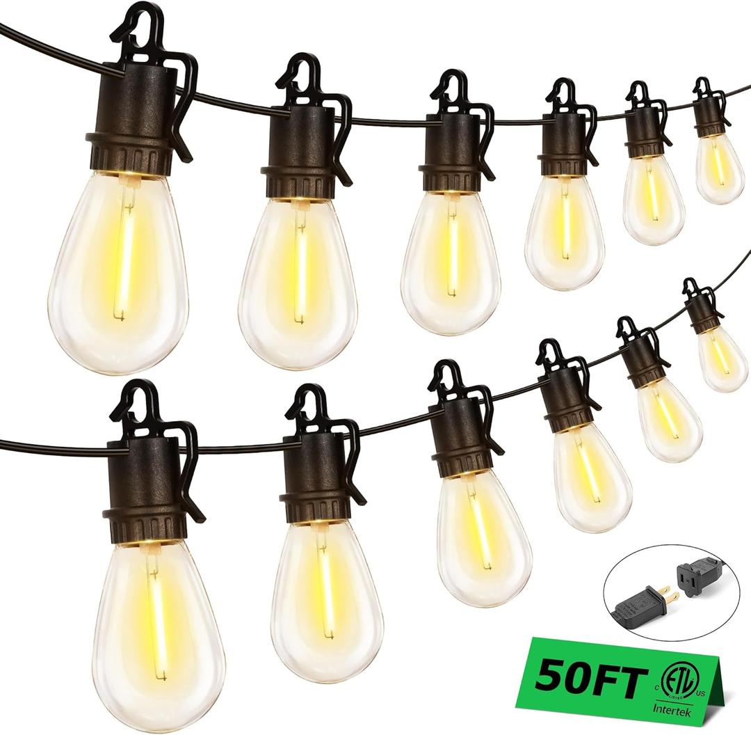 50FT Outdoor String Lights with 25 Shatterproof S14 Vintage Edison Bulbs E12 Sockets,2700K Dimmable Outdoor Lights,IP55 Waterproof LED String Lights for Outside, Patio, Garden, Backyard,Bistro