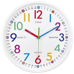 AIRUIFU Learning Clock for Kids-Telling Time Easily Non Ticking Battery Operated Silent Colorful Teaching Time Clock Decorative for Kids Room Classroom School Playroom (10 Inch)