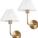 Wireless Wall Sconce Sets of 2, Pleated Shades Rechargeable Battery Operated Wall Sconce, Retro Industrial Gold Wall Lights Bathroom Vanity Sconces, Wall Mounted Lamps for Bedroom Living Room Kitchen (14.33 inches)