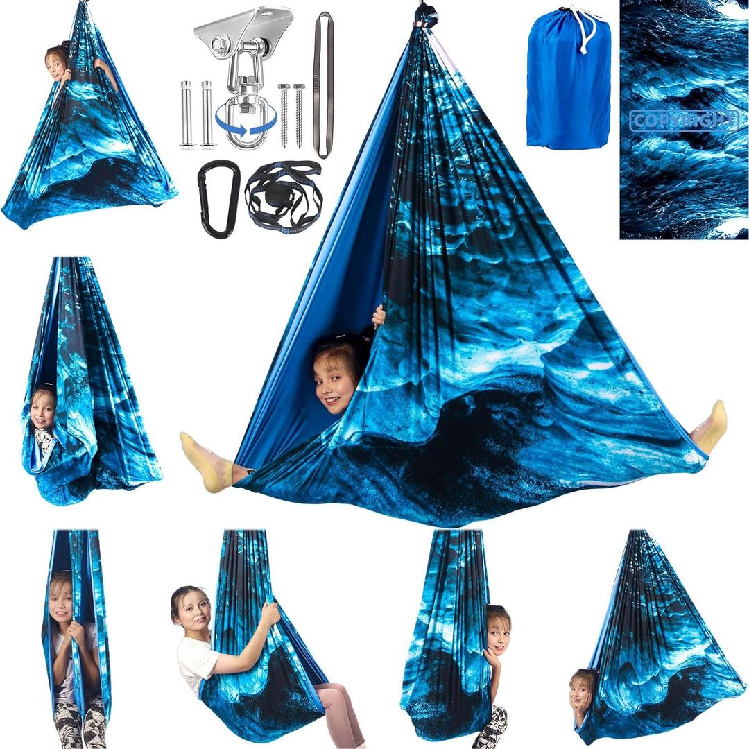 Double Layer Sensory Swing for Kids & Adults Holds up to 300lbs Indoor and Outdoor Therapy Cuddle Swing with 360 Swivel Hanger Kit Adjustable with Aspergers Autism ADHD (Ice Teal)
