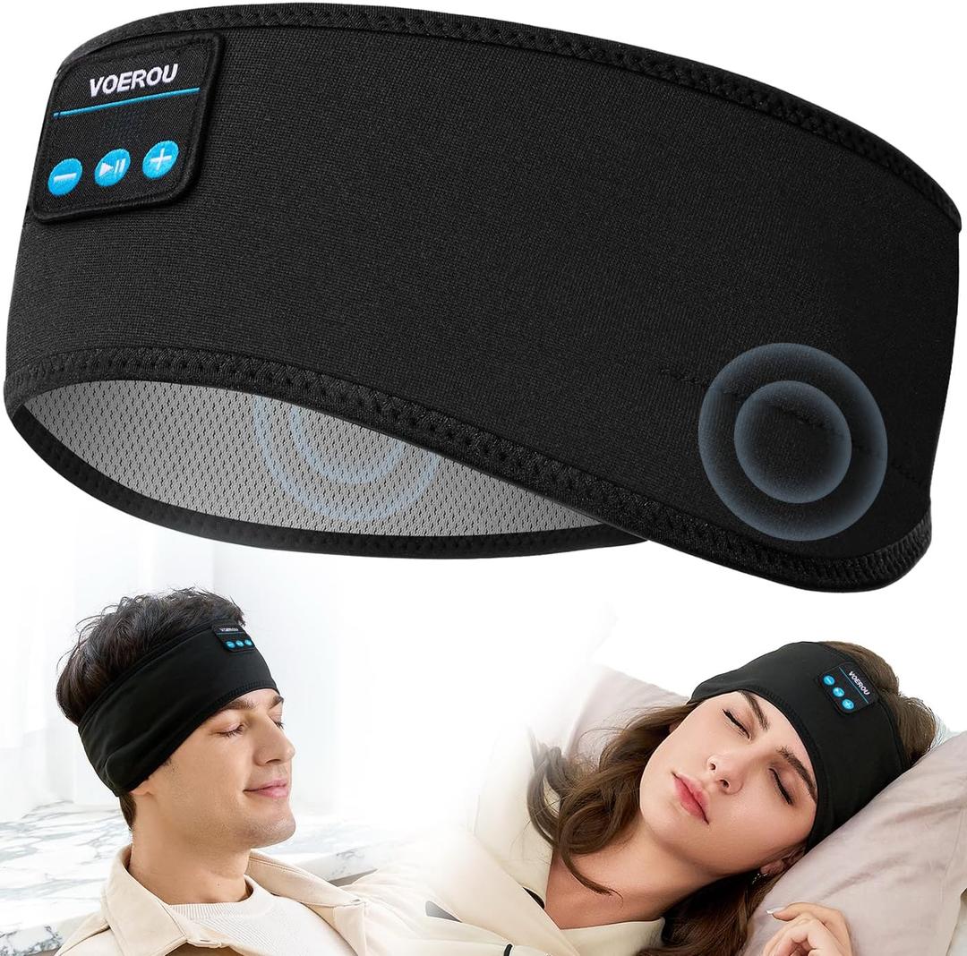 Voerou Sleep Headphones Bluetooth 5.4 Headband, Breathable Sports Headband Sleeping Headphones Eye Mask Music Earbuds, Perfect for Sleep Exercises Workout Yoga Travel, Cool Tech Gadgets Gifts for Men, Black 
