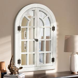 Arched Wall Mirror -Window Mirrors for Wall Decor Wood Frame Farmhouse Decor Like Window for Bedroom, Living Room, Entrance, Dining Room (36"L x 24"W), White Wood 