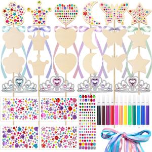 FEMBW 58PCS DIY Princess Fairy Wand Kit  18 Wooden Wands, 18 Ribbons, 4 Gem Crowns, 6 Sheets Stickers, 12 Markers  Star, Heart, Moon, Crown, Butterfly, Flower Shapes  Birthday Craft Gift for Girls