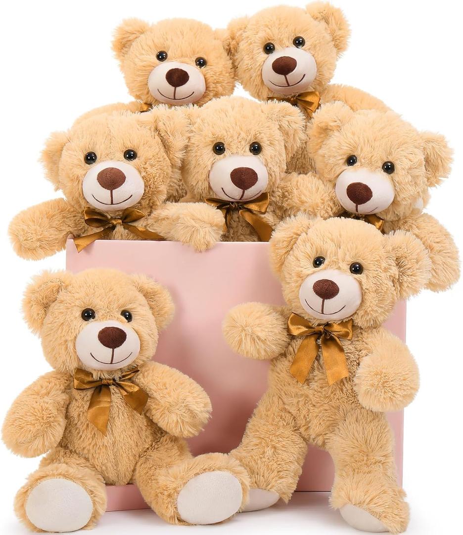 MaoGoLan 7Pcs Bulk Teddy Bears Stuffed Animals Baby Shower, Soft Small Stuffed Bears in Bulk, 13.5" Cuddly Mini Teddy Bears Centerpiece,Wedding,Party,Engagement (Tan)