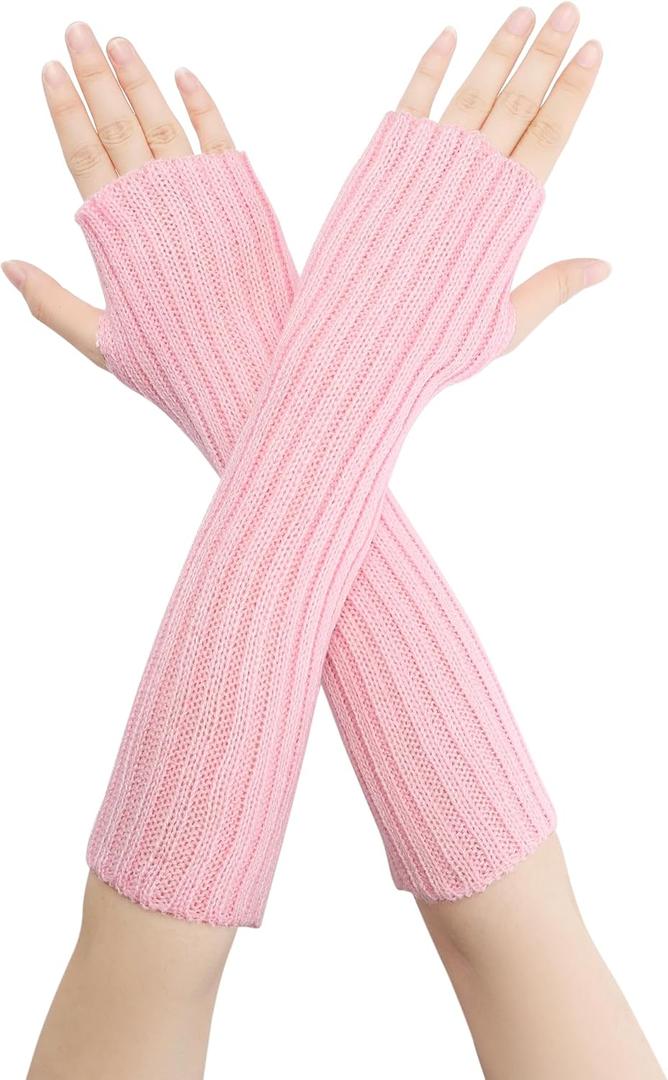 Solid Color Knit Elastic Arm Warmers Fingerless Gloves Elbow Long Knitted Cover for Winter (One Size, Pink)
