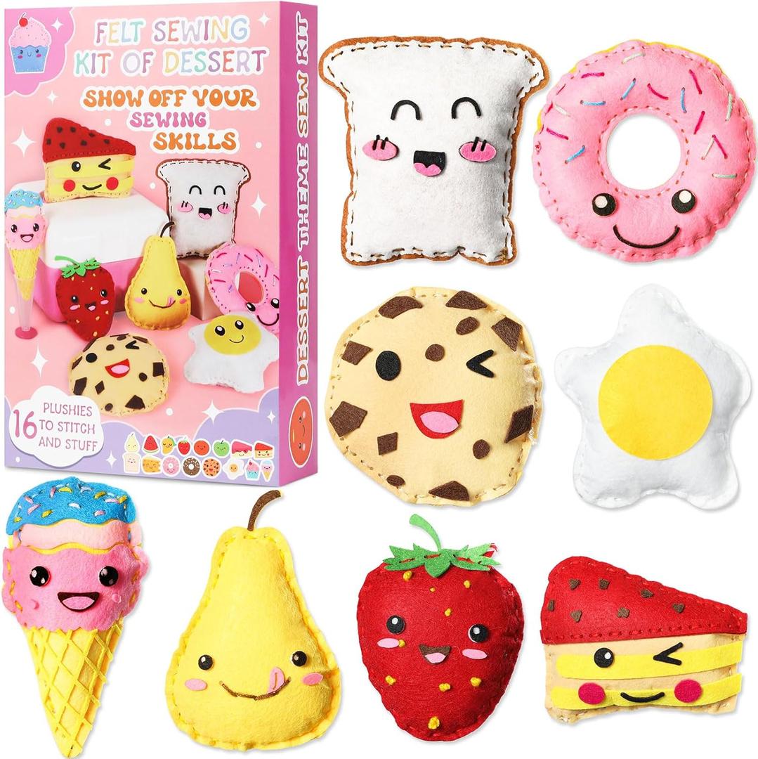 ZOIIWA 16 Sets Food Themed Sewing Kit Fun Craft Felt Fruit Plush Craft Kit Learn to Sew Educational Beginners Sewing Stuffed Ornament for Birthday Christmas New Year Gift
