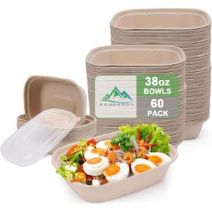 60 Pack 38 OZ Large Paper Bowls with Lids, Heavy Duty Disposable Compostable Bowls for Party, Disposable Bowls Bulk Soak-Proof and Microwave Safe for Hot/Cold Use (38OZ-60PACK)