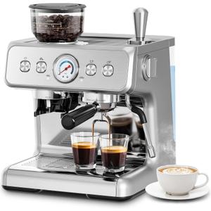 Kismile Espresso Maker with Grinder, 15 Bar Automatic Espresso Machine with Removable Water Tank, Milk Frother Steam Wand for Latte & Cappuccino, Professional Coffee Machine for Home (Stainless Steel)