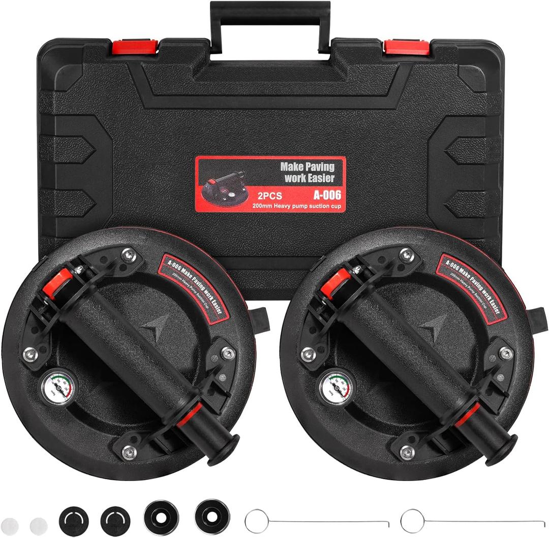 Glass Suction Cups,8"Heavy Duty Suction Cups 662 lbs Load Capacity Powerful Industrial with Pressure Gauge for Lifting Large Glass Tile Granite,Includes Carrying Case(2pack) (2PC X 3 layer(Max 662lbs))
