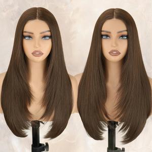NOSTALGIA Brown Wear and Go Glueless Wigs Pre Plucked Pre Cut for Beginners Synthetic Lace Front Wigs For Woman Long Layered Straight 3 Seconds to Wear (24 Inch)