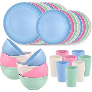Supernal Wheat Straw Dinnerware, Wheat Straw Plates and Bowls Sets Dishwasher Safe, Unbreakable Light Weight Plate Service For 8, Reusable Plastic Plate, Include 16pcs Plates, 8pcs Bowls, 8pcs Cups