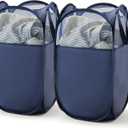 TECHMILLY Pop Up Foldable Laundry Basket, Mesh Laundry Hamper with Reinforced Handles for Dirty Clothes Storage in Dorm, Laundry Room, Bathroom, Blue(Fabric), 2 Pack