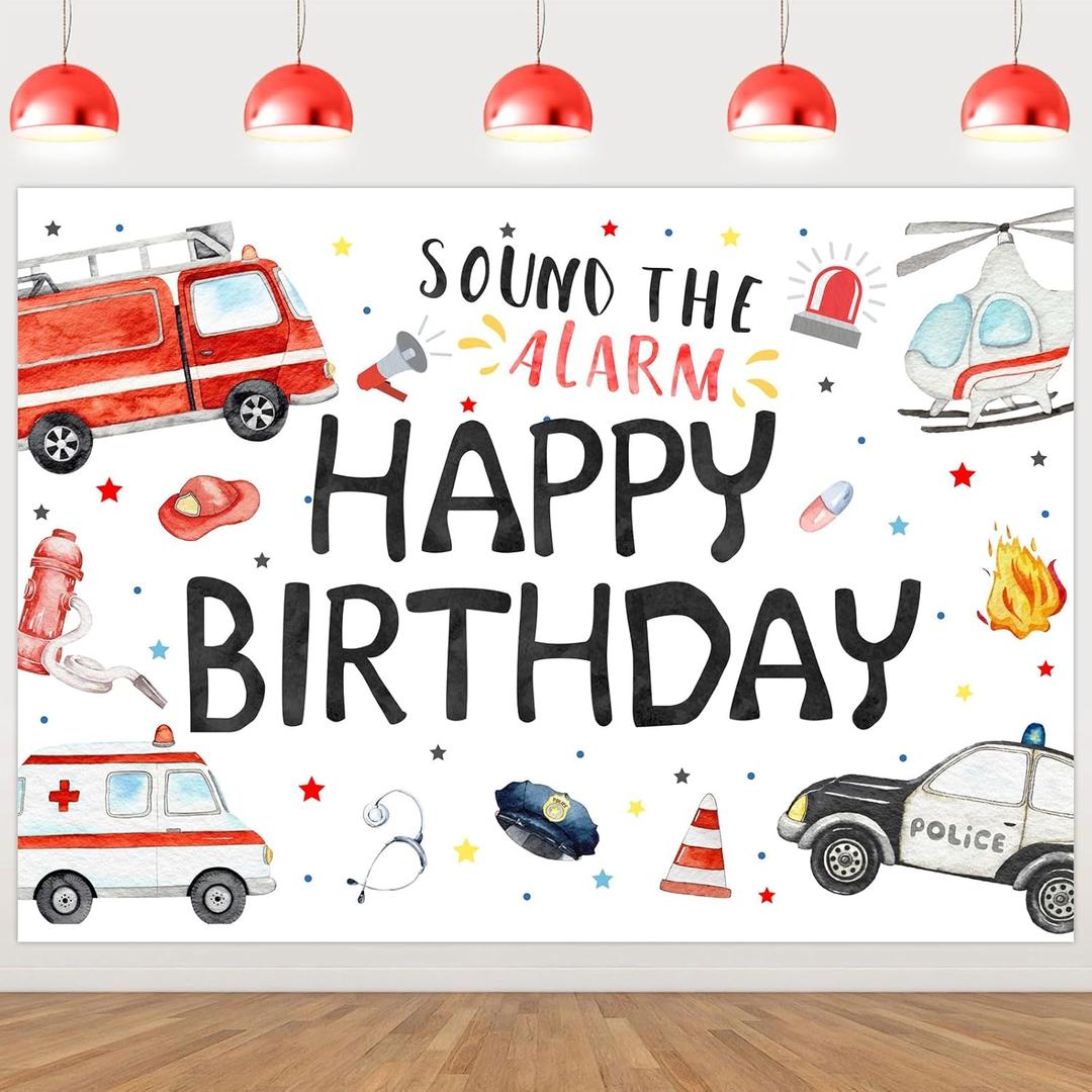 Emergency Birthday Decorations 7 * 5ft Sound The Alarm Happy Birthday Backdrop Banner Rescue Vehicle Bday Party Supply Team Rescue Background First Responder Transportation Party