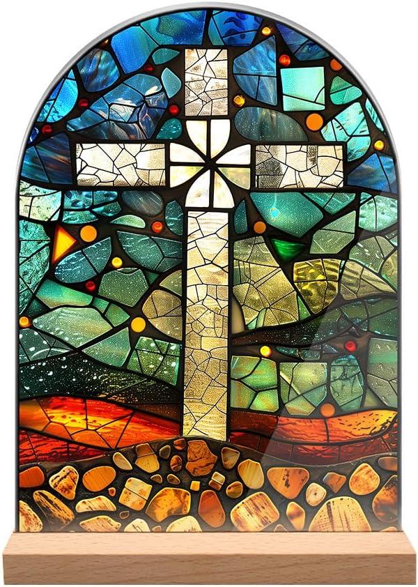 KOMI Cross Stand Catholic Ornament Statue Acrylic Desk Sign Tabletop Decor Home Altar Decor Christian Gifts