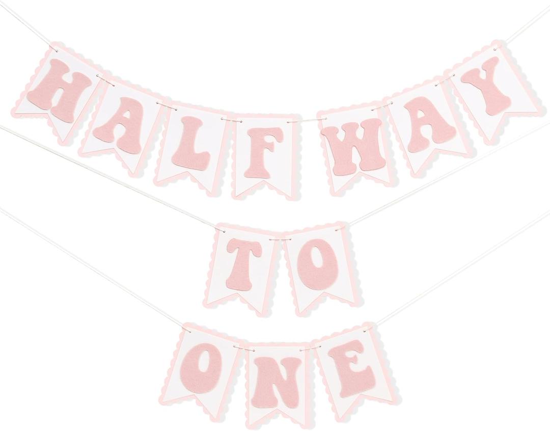 Half Way To One Pink Banner - Sweet 6 Months Birthday Decorations,Pink Cake Smash Photo Backdrop,Little Princess 1/2 Birthday Party Banner,Home Wall Mantel Hanging Garland
