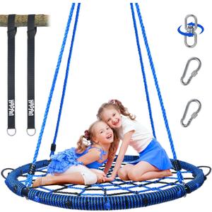 Hapfan 40'' Spider Web Tree Swing, 750 lbs Outdoor Saucer Net Swing with Swivel and 9.8 FT Hanging Straps, Backyard Play Set Accessories (Blue)