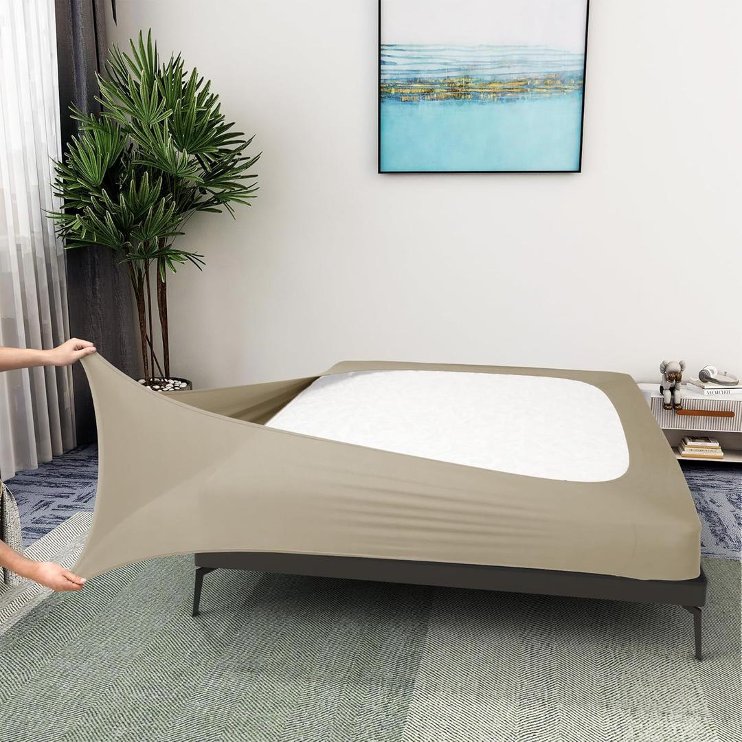 Box Spring Cover Queen Size - Jersey Knit & Stretchy Wrap Around 4 Sides Bed Skirt for Hotel & Home - Queen/Queen XL, Taupe