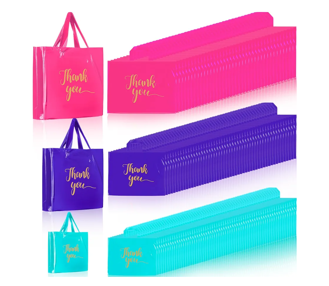 Teling 200 Pcs Thanks Bags with Handle Bulk Thank You Merchandise Bags 3 Size Plastic Packet Retail Shopping Package for Boutique 9 x 12'', 12 x 15'', 15 x 18''(Pink, Purple, Blue