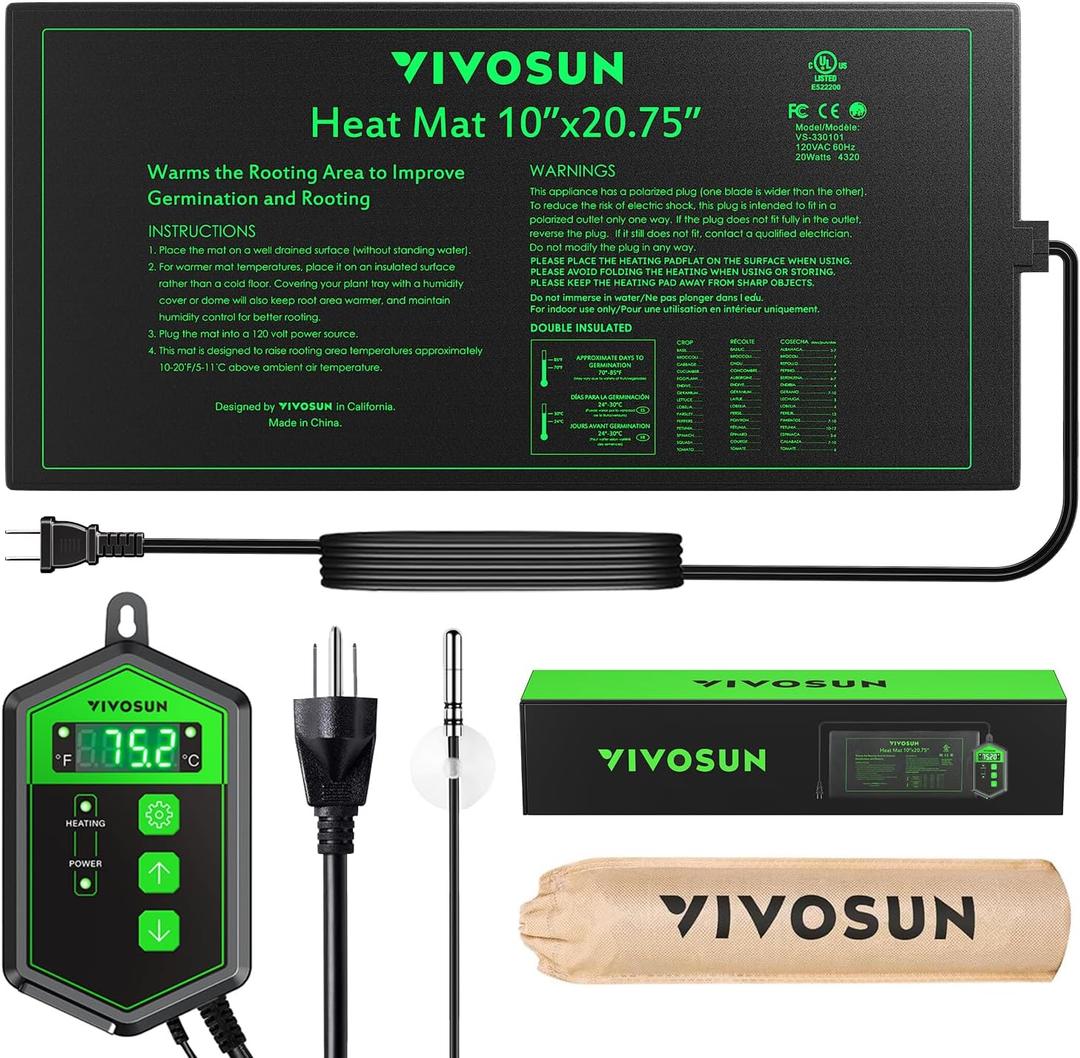 VIVOSUN 10"x 20.75" Seedling Heat Mat and Digital Thermostat Combo Set, UL & MET-Certified Warm Hydroponic Heating Pad for Germination, Indoor Gardening, Greenhouse (10"x20.75")