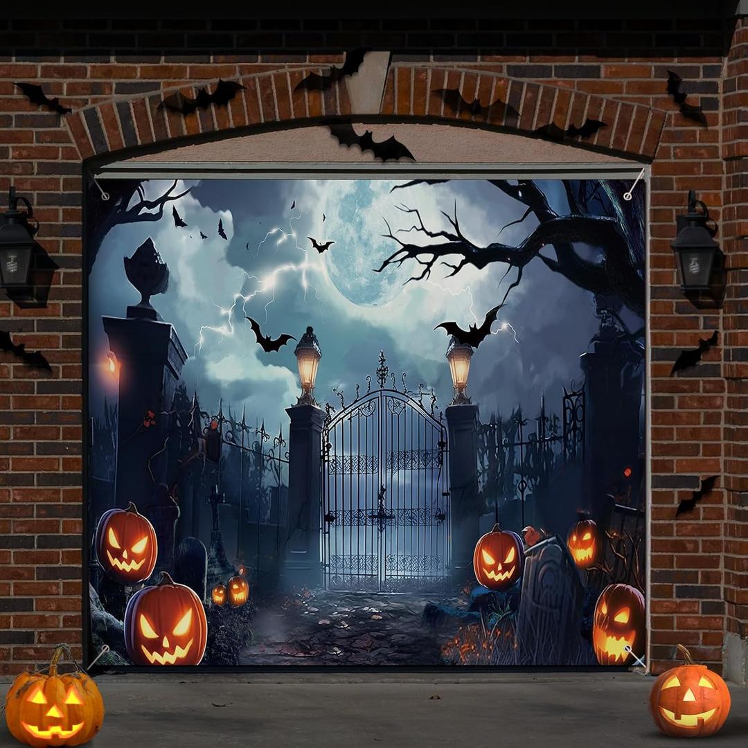Preboun Halloween Garage Door Banner Large Hanging Backdrop Door Cover Halloween Garage Wall Decorations for Outdoor Holiday (7 x 8 ft)