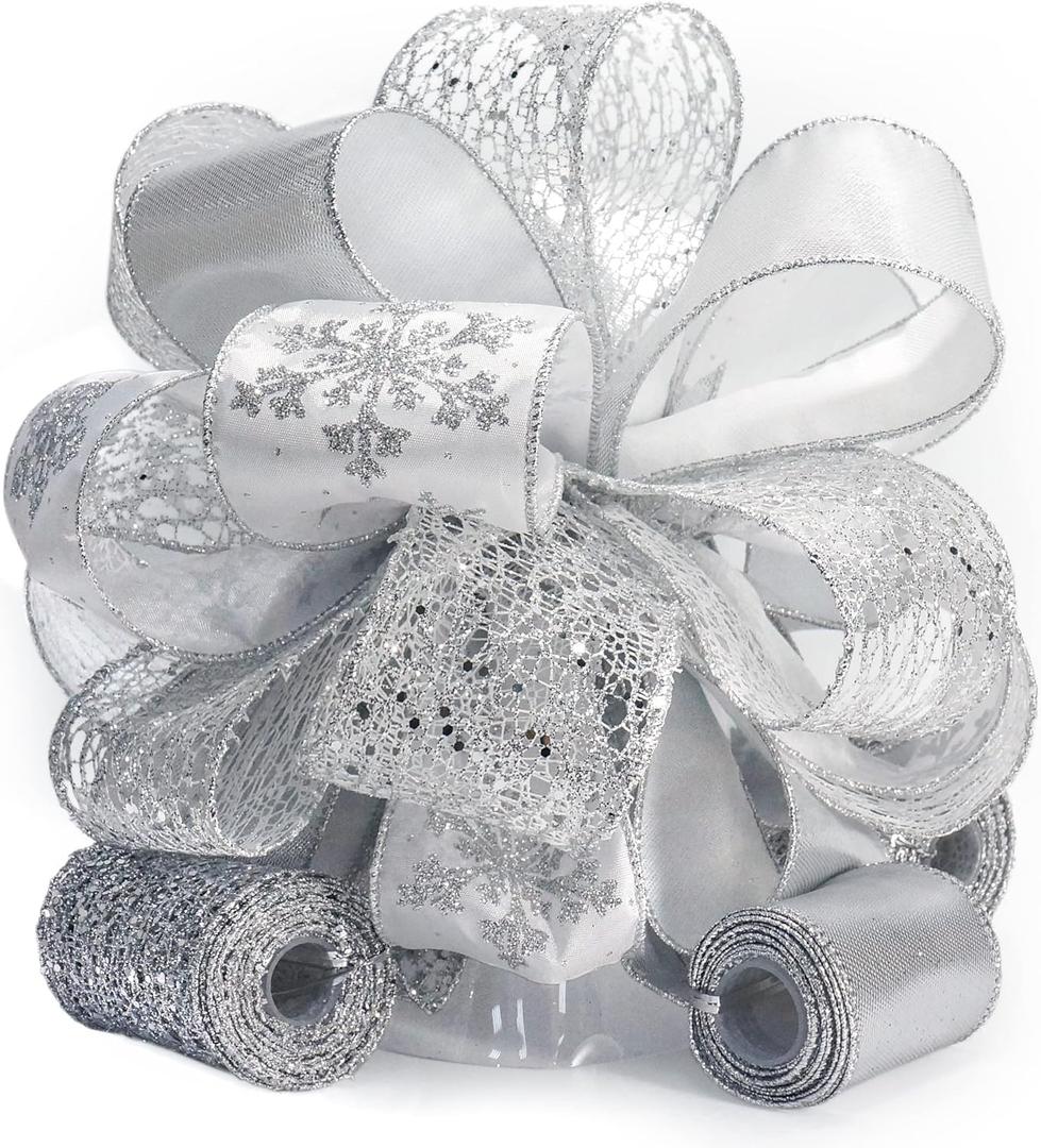 CT CRAFT LLC Sliver Snowflake Christmas Tree Topper Bow 11" with 4 Ribbon Streamers x 3 Yards Long Each for Holidy Elegant Fancy Home Dcor Indoor