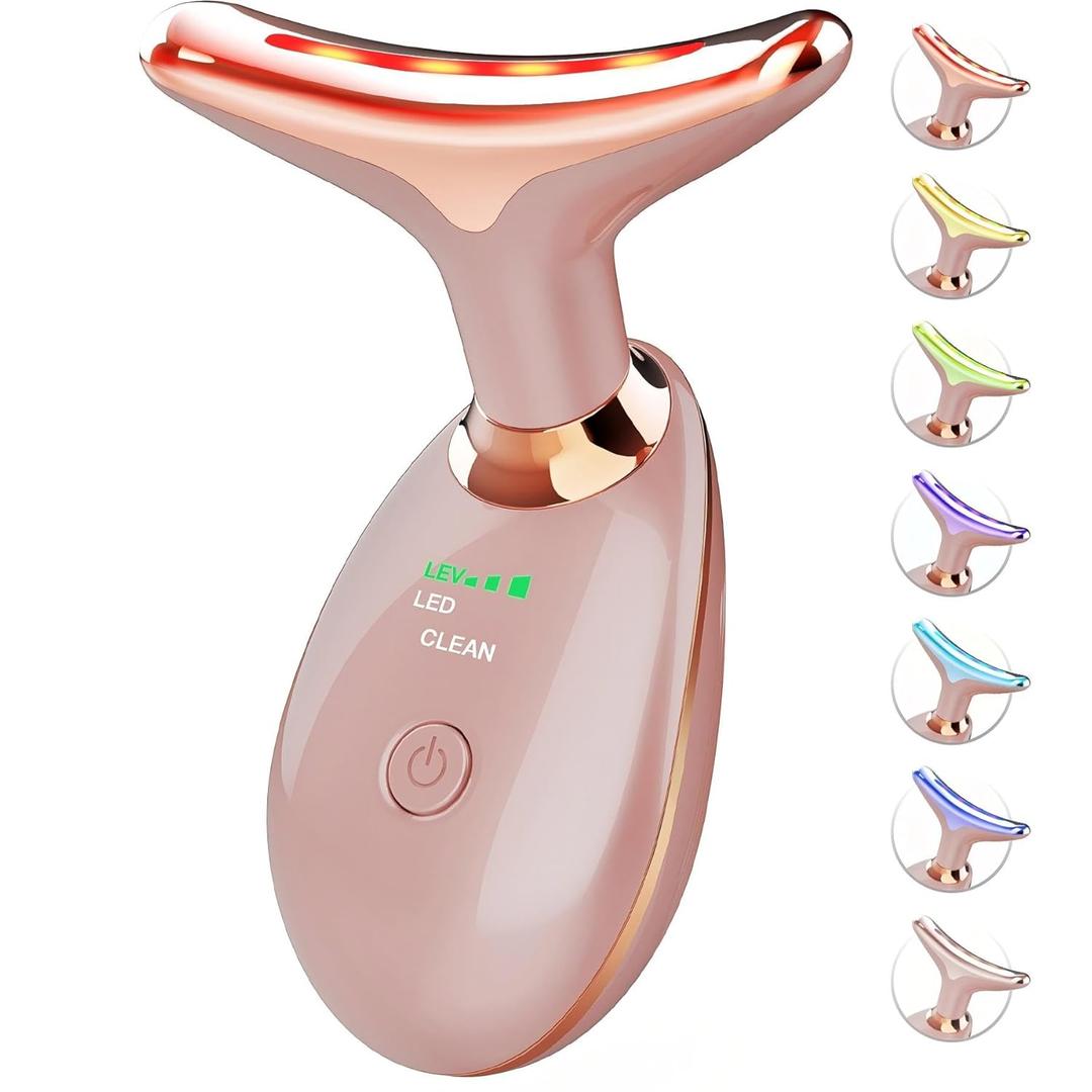 SDKWDH Red Light Therapy for Face and Neck, 7 Color Face Massager Tool for Wrinkles, Double Chin, Vibrating Facial Massager with Thermals for Skin Care, Rose Gold