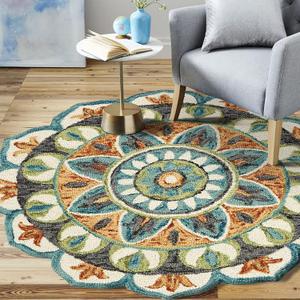 LR Home 6ft Round Indoor Wool Area Rug for Home Decor | Rugs for Living Room, Bedroom, Playroom, Entryway, Office | Hand Woven Modern Farmhouse Large Boho Area Rug for Room Decor | Rust/Teal