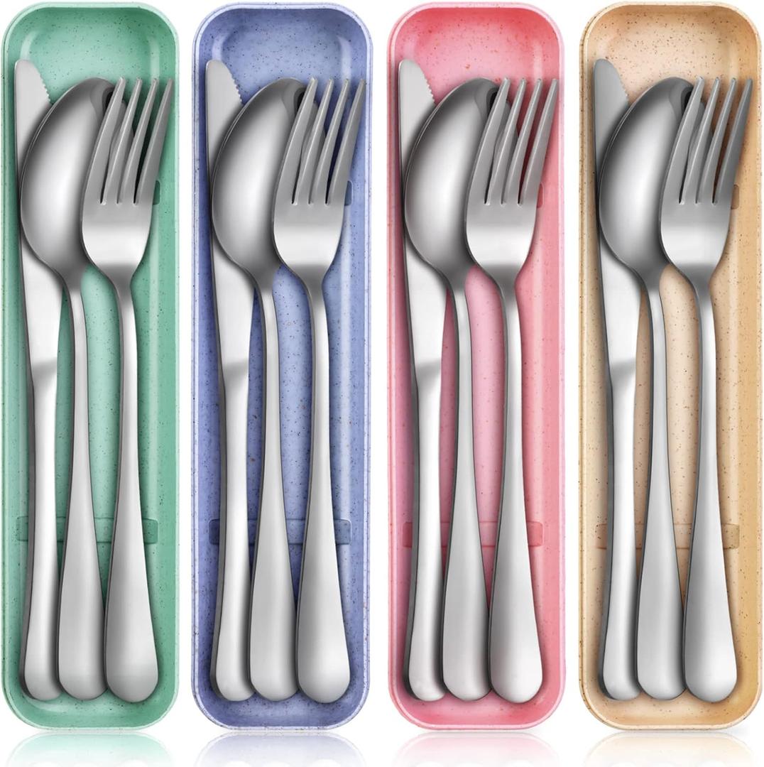 Yinkin 4 Pack Portable Travel Utensils Set with Case Reusable Stainless Steel Silverware Flatware Camping Cutlery Include Fork Spoon Knife for Work School Dishwasher Safe (Pastel Color)