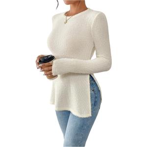 RoseSeek Women's Ribbed Knit Long Sleeve Split T Shirts Crewneck Fuzzy Fitted Tee Tops Elegant Top (Medium, Beige)
