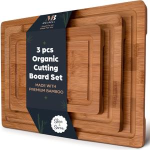 MelBell Bamboo Cutting Board Set Of 3 for Kitchen - Wooden Chopping Boards with Juice Groove - Wood Serving Board for Meat, Vegetables, Cheese