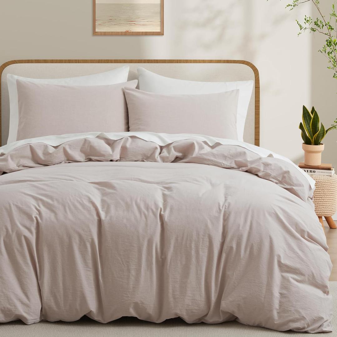 LOVQUE Bedding Duvet Cover Queen Size, 100% Washed Cotton Linen Like Natural Bedding Set with Zipper Closure (No Comforter), 90x90, Light Linen Grey