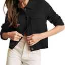 Womens Wool Pea Coat Button Up Open Front Trench Outerwear Long Sleeve Cropped Cardigan Jacket with Pockets (Large, Black)