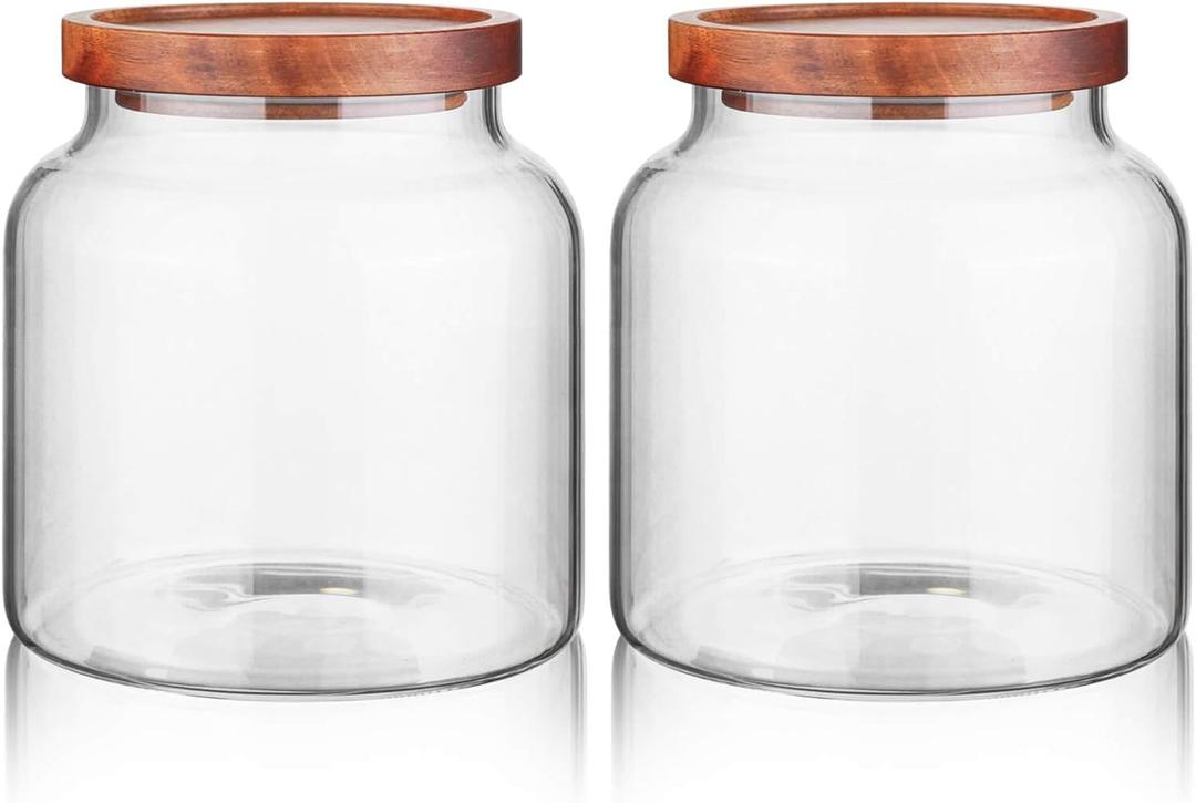 Labina Glass Storage Container Airtight Food Jars Kitchen Canister with Wood Lids, 54 Oz (1600ml) Wide Mouth Pantry Organization Glass Jar for Flour, Sugar, Cookie, Spagetti, Nuts and Candy (2 Pack)