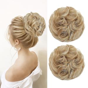 2PCS Messy Bun Hair Piece Wavy Curly Tousled Updo Hair Buns Synthetic Chignon Elastic Hair Band Fake Bun Hair Pieces for Women (Lighe Golden Brown Mix Bleach Blonde, 2PCS Same)