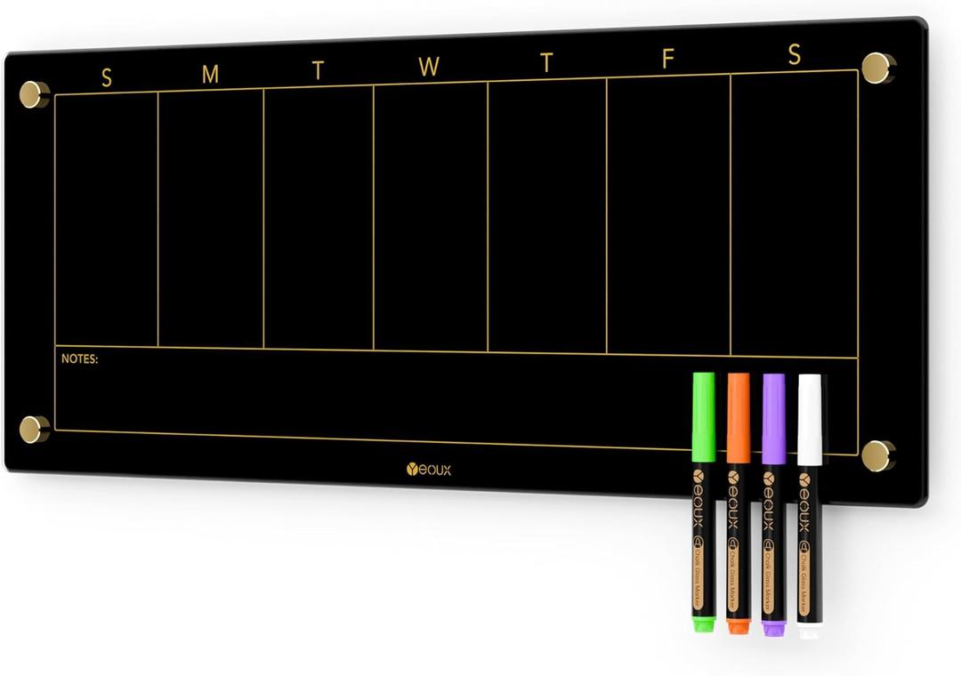 Black Glass Golden Weekly Dry Erase Calendar Whiteboard for Wall, to Do List & 7 Days Planner White Board for Home Office, 23x9.5, 4 Wet Erase Markers Included, Yeoux*