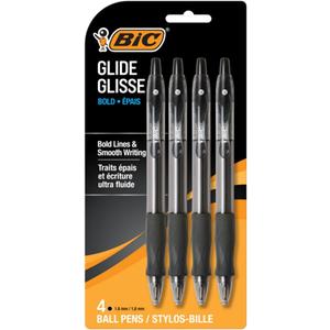 BIC Glide Bold Black Ballpoint Pens, Bold Point (1.6mm), 4-Count Pack, Retractable Ballpoint Pens With Comfortable Full Grip