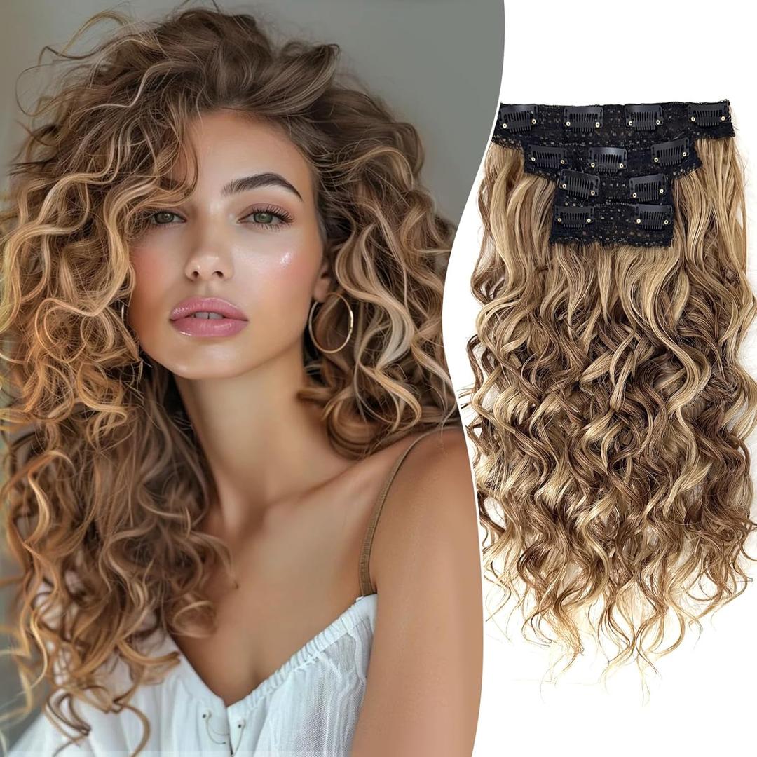 Aisaide Clip in Hair Extensions, 4PCS 16 inch Curly Hair Extensions Short Soft Natural Hairpiece Lace Weft Curly Wave Clip Ins Extensions Invisible for Women,Ash Brown with Blonde Highlights
