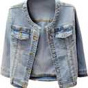 Kedera Women Denim Jacket Button Down Collarless 3/4 Sleeve Cropped Jean Jacket (Small, Blue)