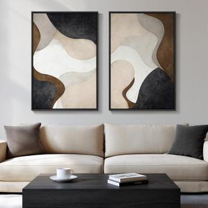 Large Framed Neutral Abstract Minimalist Wall Art Set of 2, Modern Canvas Prints Paintings Artwork for Walls, Black Beige Brown Abstract Art Pictures for Living Room Dining Bedroom Wall Decor 24x36 In, 24" W x 36" H x 2Pcs