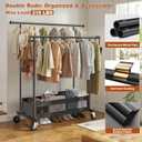 Double Rod Clothes Rack, Room Space Saving Organize, Bottom Basket | 10 Minutes Tool-Free Assembly, Heavy Duty 210 LBS, Anti-Wobble Design, Smooth Rolling Wheels, Bedroom, Dorm, Apartment
