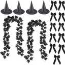 2Pack 6.6Ft Black Fall Maple Leaves Garland,4Pcs Witches Hat,15pcs Black Bow,Artificial Autumn Foliage Garland Outdoor for Home Party Mantle Fireplace Fall Halloween Thanksgiving Christmas Decor