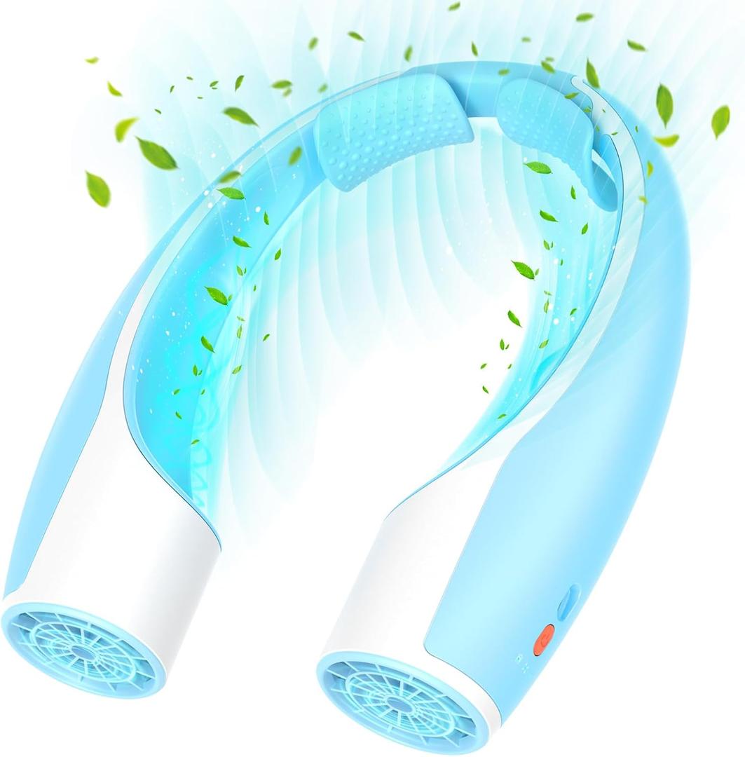 Rohent Rechargeable Neck Fan for Cooling: Powerful High Speed Battery Operated Fan 4 Speeds Long Battery Life - Lightweight USB Rechargeable Wearable Fan for Outdoor Indoor - Blue, Small mini tiny