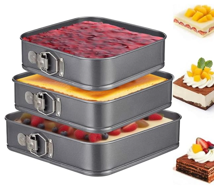 Square Springform Cake Pan 9.5inch,10inch,11inch, Set of 3 non stick leakproof cake baking pans with removable bottom