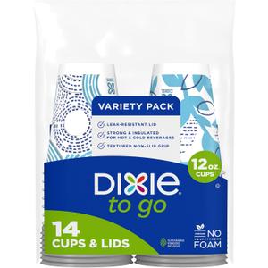 Dixie To Go Paper Coffee Cups With Lids, 12 oz, 14 ct, Disposable Insulated Paper Cups for On-The-Go Hot or Cold Beverages | Medium, With Lids, Disposable Cups, For On-The-Go, Hot Beverages